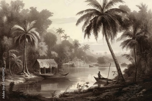 Tropical palm landscape with huts and river, in ancient grey tone etching style. Artist: De Berard, 1862. Generative AI photo