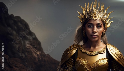 Cold-blooded Queen of a dark fantasy world, golden armor, golden crown, dark mountains