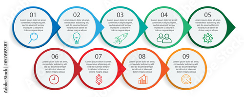Business Infographic Template Design. minimal concept Timeline with 9 steps, options and marketing icons. Vector linear infographic with nine connected elements. Can be used for presentations on your 