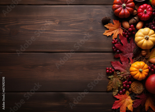 Autumn pumpkins, leaves and dry berries on right side, wooden background on left side.