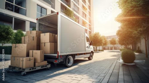 Moving truck full of boxes. Relocation/ moving apartment concept. photo