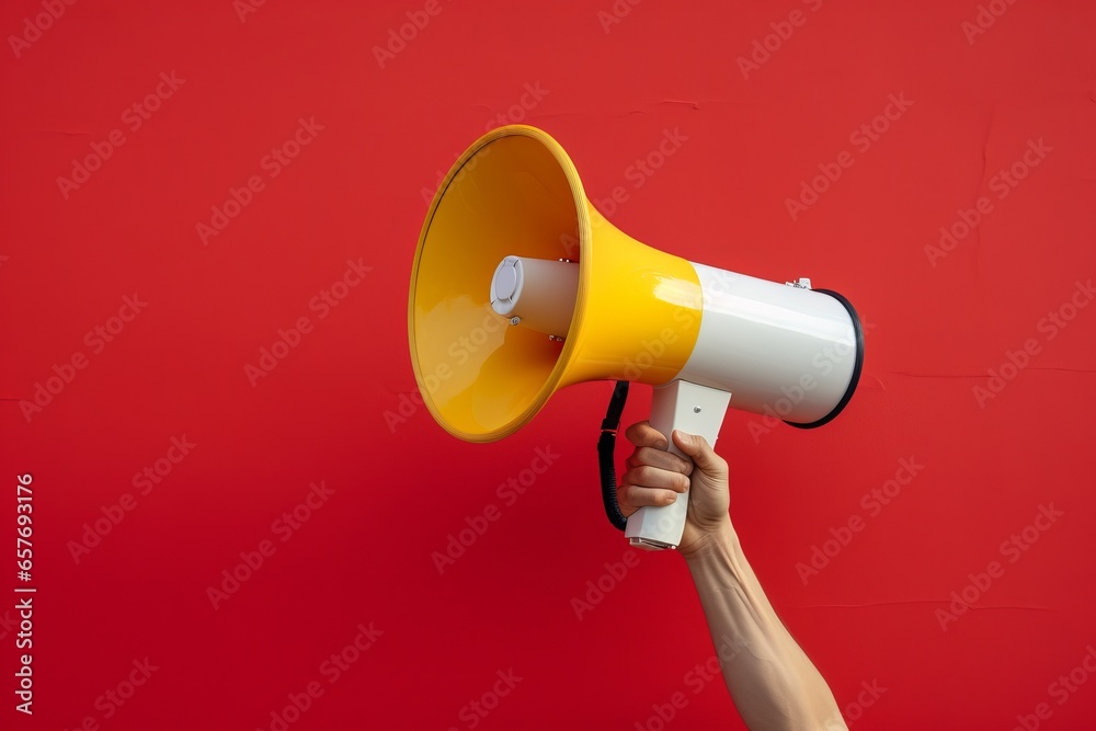 hand holding megaphone, marketing and sales background - obrazy, fototapety, plakaty 