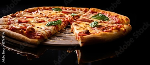 pizza is served on a black background table