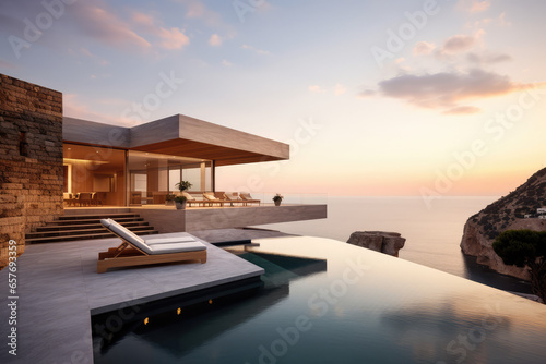 luxury modern villa with a swimming pool on the water at sunset © Kien