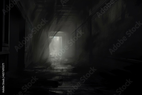 An eerie hallway with mist  debris  and the atmosphere of paranormal activity. Drawing. Generative AI