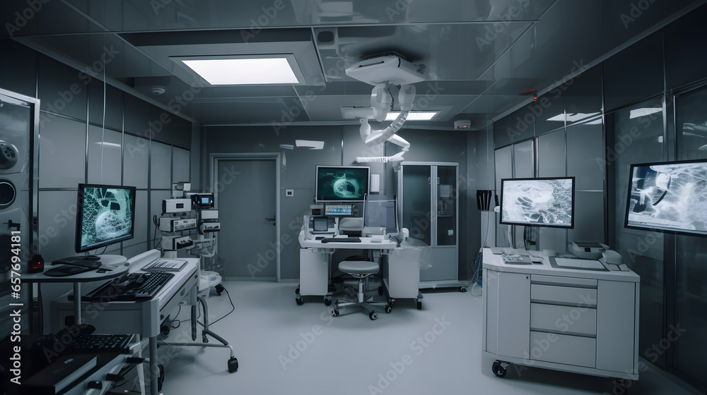 Modern medical office interior operating room with computer and examination table Modern medical office interior operating room with computer and examination table