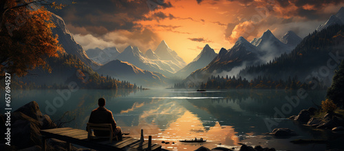 Man watching mountain and lake view at sunset. Back View © Lee John