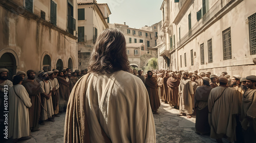 Rear view Jesus preaches to people on streets of Rome. Concept of spread of Christianity