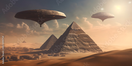 Egyptian pyramids with flying UFO alien spacecraft. Generation AI