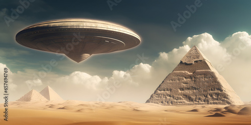 Egyptian pyramids with flying UFO alien spacecraft. Generation AI