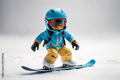 Anonymous boy riding snowboard on white snow. Generative AI