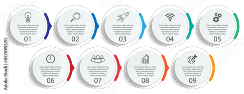 Business Infographic Template Design. minimal concept Timeline with 9 steps, options and marketing icons. Vector linear infographic with nine connected elements. Can be used for presentations on your 