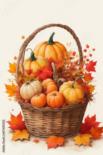 basket with autumn pumpkins and orange leaves on a white background
