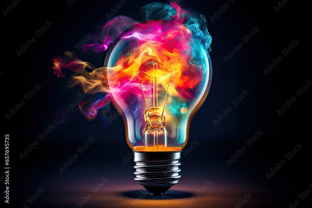 Incandescent light bulb with colorful smoke on dark background. 3D rendering, idea concept, ai generated. Incandescent light bulb with colorful smoke on dark background. 3D rendering, idea concept, ai generated.