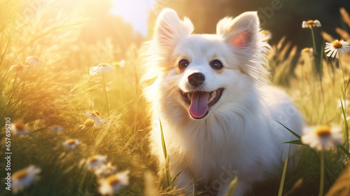 A small white dog is joyfully lies on a meadow filled with flowers on a sunny day.