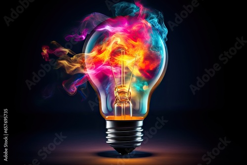 Incandescent light bulb with colorful smoke on dark background. 3D rendering, idea concept, ai generated.
