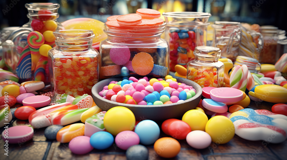 Various candies are displayed on a table, taken from different jars, bowls, and containers. Various candies are displayed on a table, taken from different jars, bowls, and containers.