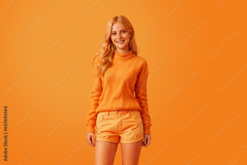 happy young woman in autumn fall season outfit isolated on orange background happy young woman in autumn fall season outfit isolated on orange background
