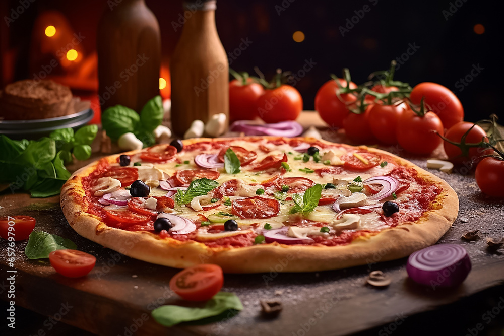 The close up detail of a delicious fresh baked pizza topped with pepperoni, green and black olives, and cheese on a dark wooden table, Generative AI.