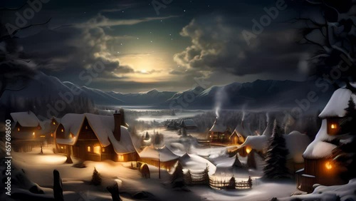 Old English Christmas Village Hamlet during Snowy Winter at Twilight with a full moon at night, Animation, Generative AI photo