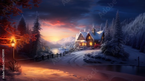 Fairytale house in the forest in winter. Winter night © vladico