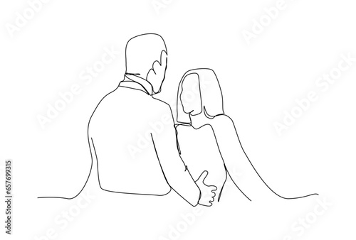 Couple romantically embracing each other in a happy moment, one line art hand drawn free hand vector illustration.