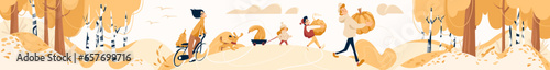 Vector editable illustration of autumn landscape. The joy and warmth of bright autumn colours, cozy family time and sunny outdoor. There is family walking on the countryside with funny pumpkins. 