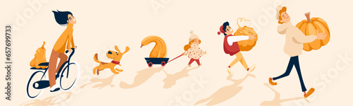 Vector illustration of family carrying pumpkins. Joyful mother, happy father and cheerful kids each choose their favourite pumpkin to celebrate autumn season and harvest. 