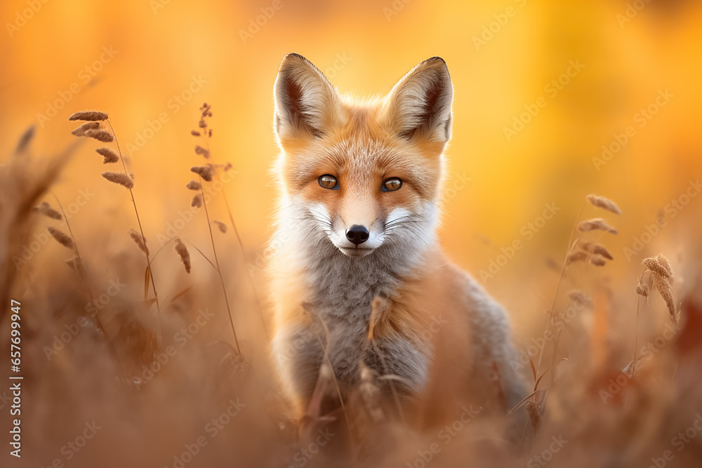 Fototapeta premium The portrait of a wild red fox or vulpes standing in an autumn forest, green field and clear blue sky, Generative AI.