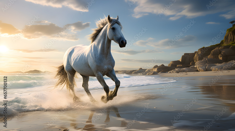 A horse runs along the seashore A horse runs along the seashore