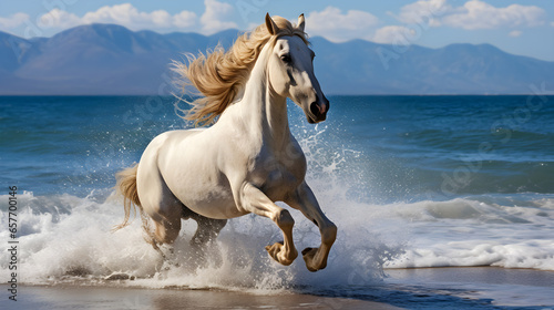 A horse runs along the seashore