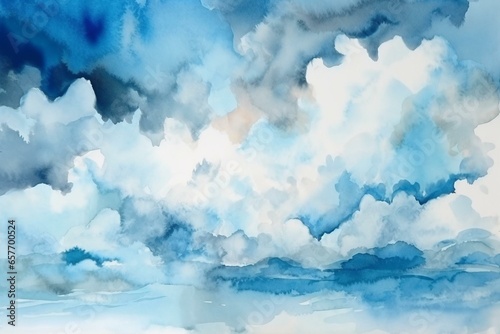 Watercolor clouds and sky on white paper. Generative AI