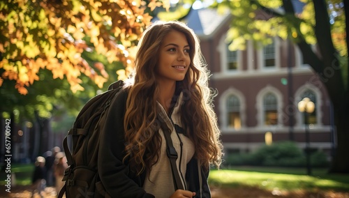 A female student in the autumn garden