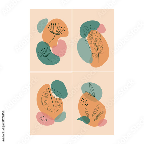 Botanical wall art vector set. Boho line art drawing with abstract plant shapes, Minimal and natural wall art, card design. Stock Vector illustration. photo