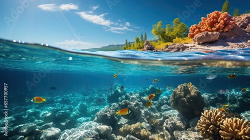 Underwater view of coral reef and tropical fish. Tropical underwater landscape.