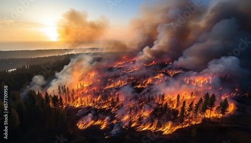 Forest fire. Burning dry grass and trees in the field. Aerial view