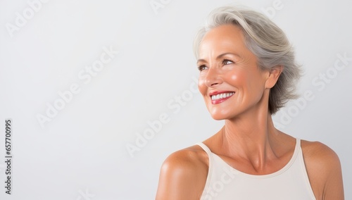 Portrait of a beautiful mature woman smiling on a white background.