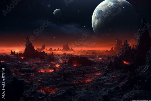 Dark celestial scene with far planet. Generative AI