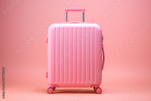 pink suit case on pink background suitcase resting on a matching pink background. Photorealistic rendering by andyfrench brings out . travel marketing