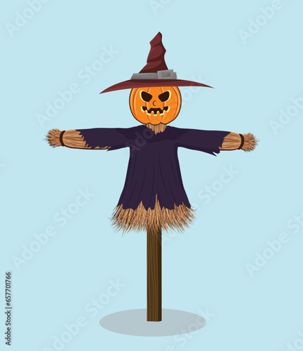 Pumpkin scarecrow illustration isolated in blue background.
