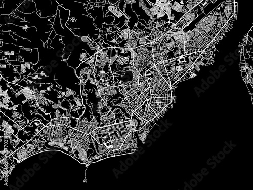 Vector road map of the city of  Davao in the Philippines with white roads on a black background.