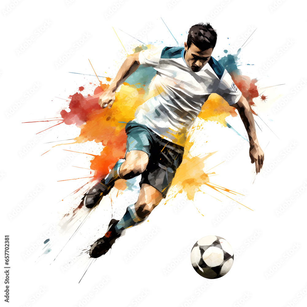Colorful painting of a soccer player kicking a soccer ball, isolated with a white background. 