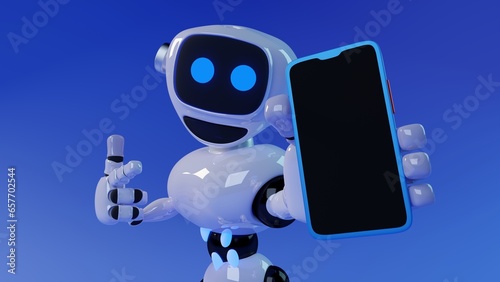 Cute cartoon 3d blue robot with glowing smiling face on the screen holding phone. 3d illustration highly usable. 3d robot character. Concept art. Copy space. 3d phone mock up.