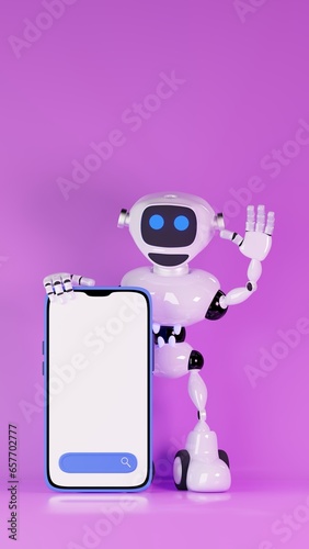 Cute cartoon 3d blue robot with glowing smiling face on the screen with 3d phone against purple background. 3d illustration highly usable. 3d robot character. Concept art. Copy space. Phone mock up.