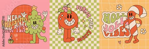 Retro Groovy Christmas greeting cards set with retro cartoon characters and quotes. Hippie mascots vintage banners. Holiday poster with comic faces. Contour hand drawn vector illustration