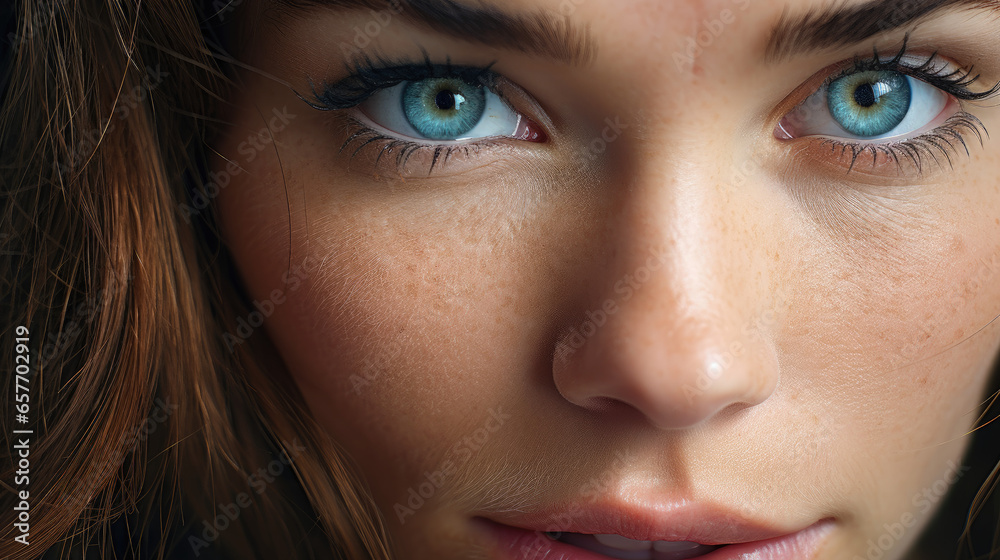 Fototapeta premium Close-up of woman's blue eyes, both irises visible.