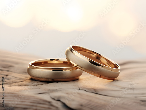 Wedding rings from gold on wood on light bokeh background. Gold wedding rings. Minimalistic rings for wedding, proposal. Saint Valentine Day rings. Ring photo for ads or catalog. Modern wedding rings photo