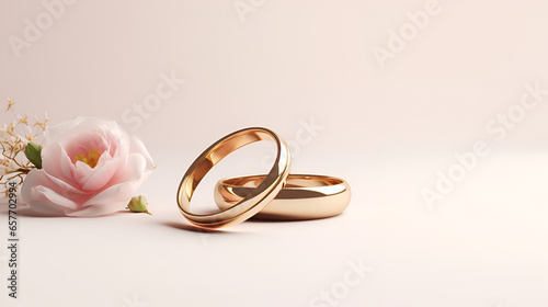 Wedding ring ads background. Wedding rings from red gold on light background, copy space. Gold wedding rings. Minimalistic rings for wedding, proposal. Saint Valentine Day rings. Wedding rings banner photo