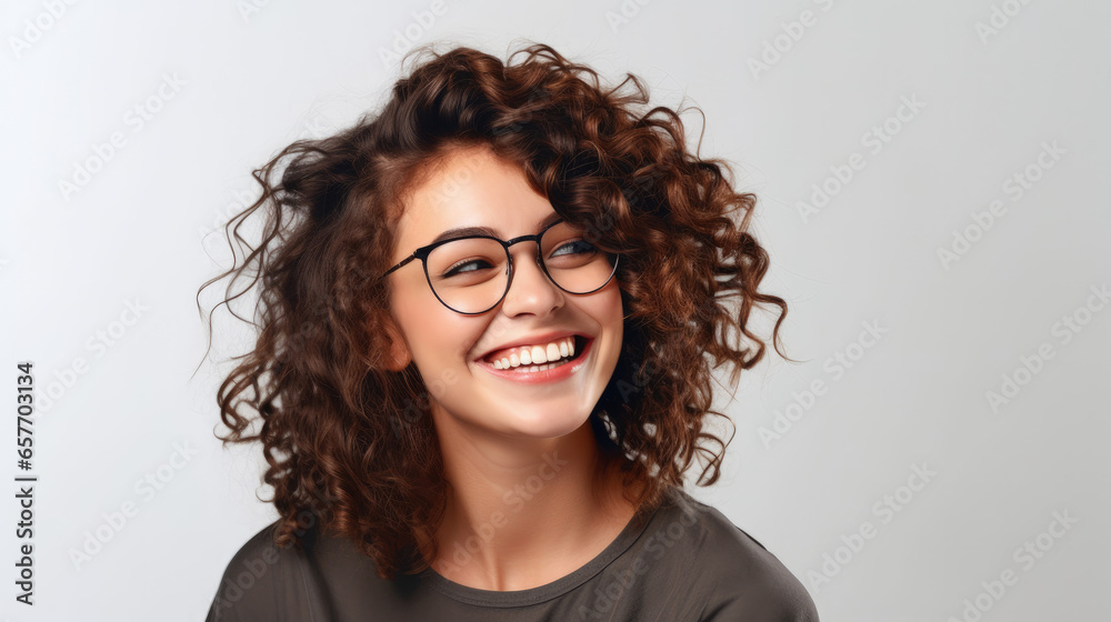 A captivating portrait of a content and confident woman, stylishly wearing glasses, set against a clean white background. Her satisfaction shines through in her radiant expression. A captivating portrait of a content and confident woman, stylishly wearing glasses, set against a clean white background. Her satisfaction shines through in her radiant expression.