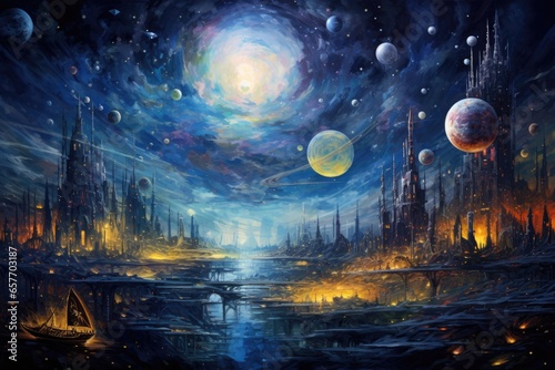 A cityscape painting with a dreamy night sky filled with planets